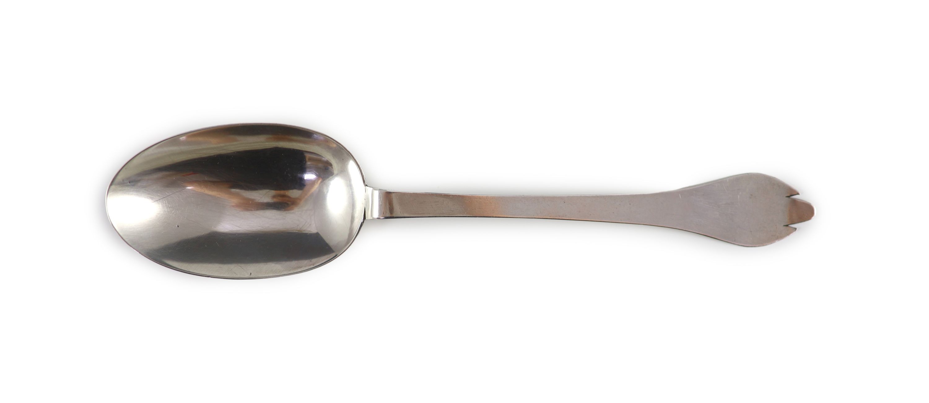 A Queen Anne West Country silver trefid spoon, inscribed ‘MT’ over ‘IM, over ‘1715’, by John Elston, Exeter, 1706, 20cm long, 1 oz.